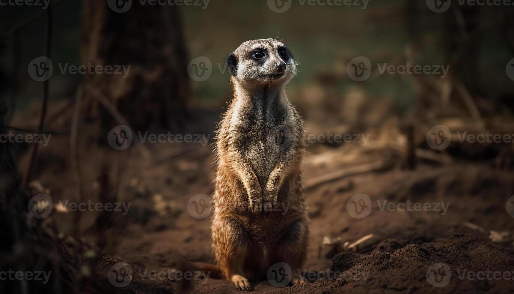 suricata me gusta mangosta sentado alerta, curioso a cámara con a rayas piel generado por ai foto