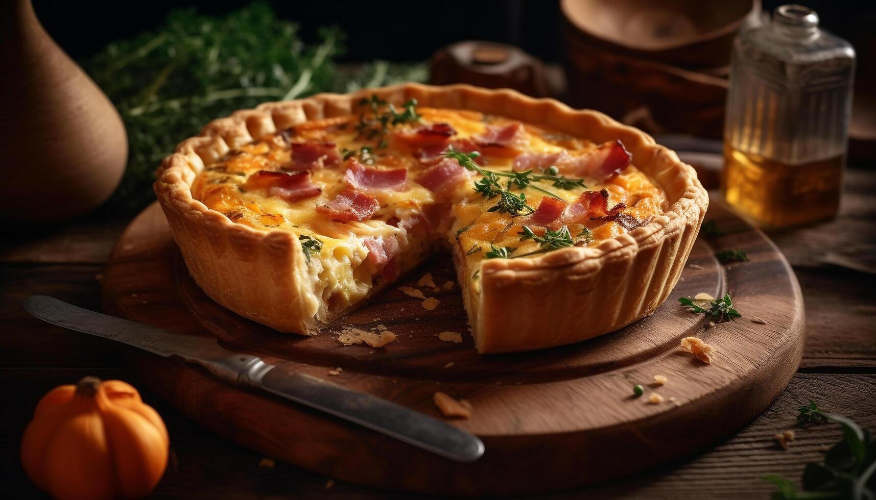 Freshly baked meat pie on rustic wooden table, ready to eat generated by AI photo