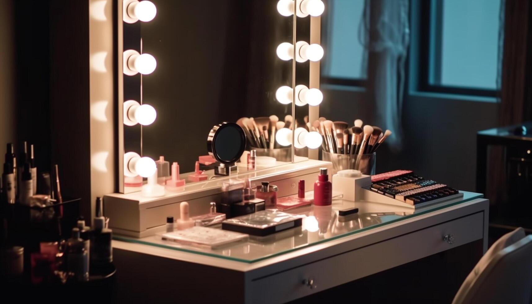 Modern beauty equipment illuminates domestic bathroom for glamorous make up preparation generated by AI photo
