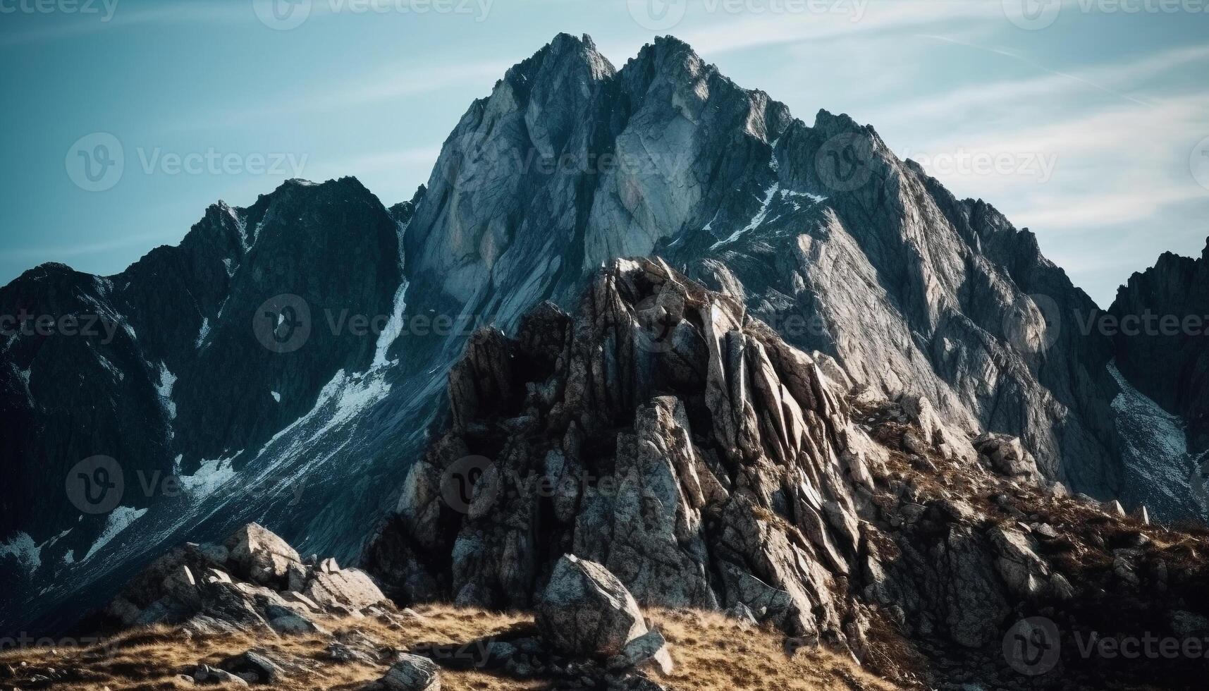 Mountain climbers hike rocky footpath to majestic mountain peak generated by AI photo