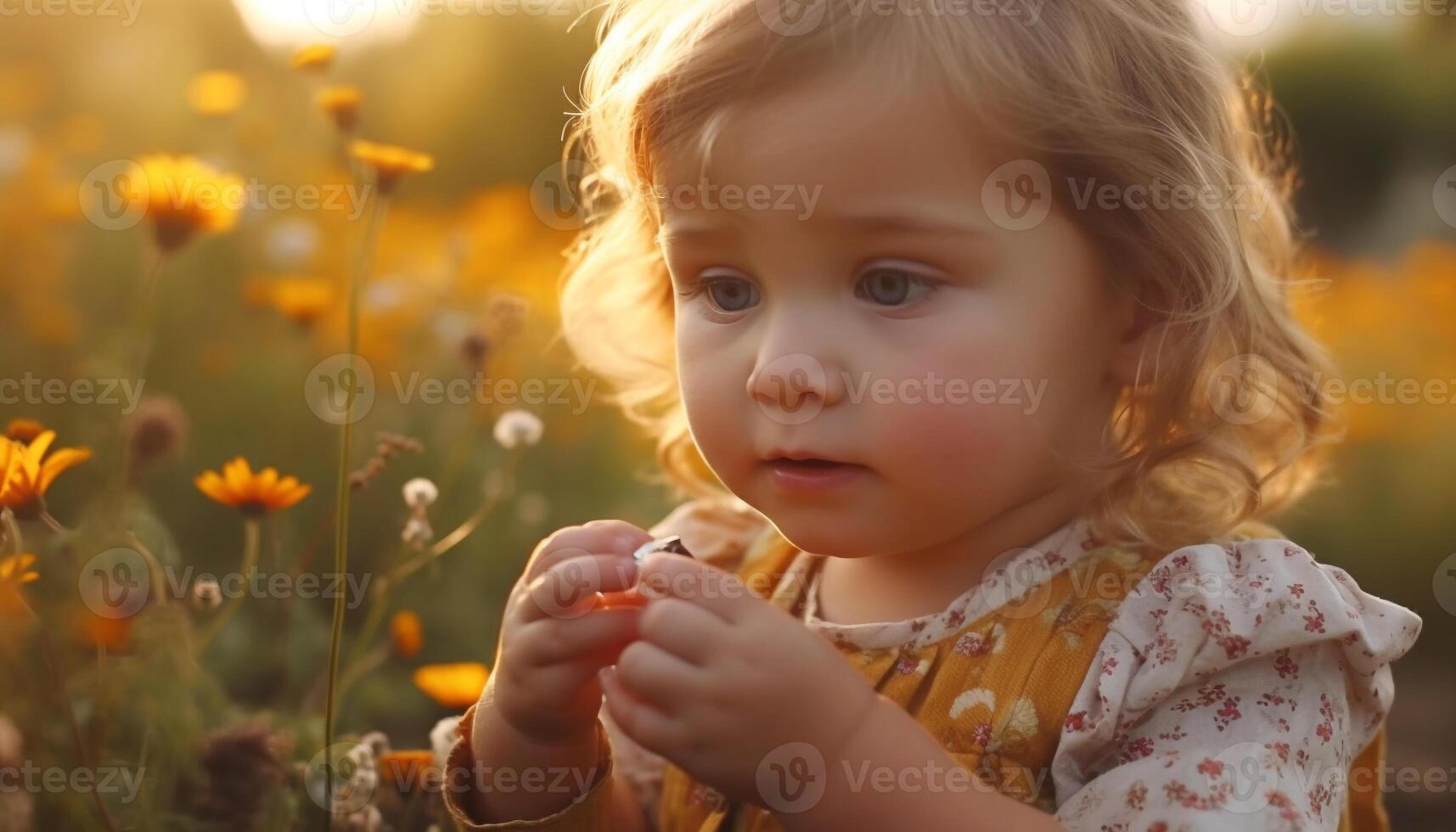 Cute Caucasian toddler smiling, holding yellow flower in green meadow generated by AI photo