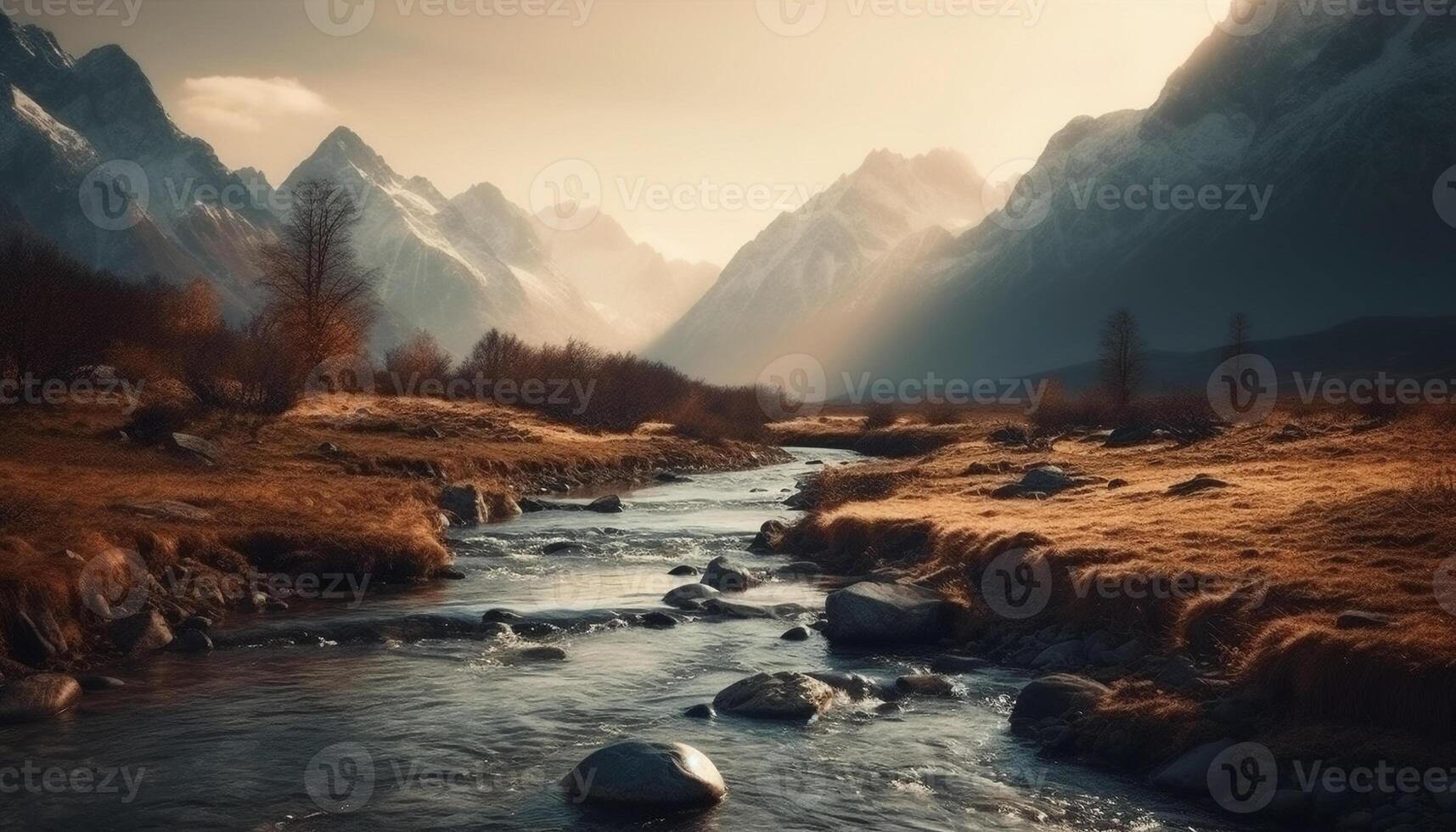 tranquilo escena de montaña rango a atardecer, belleza en naturaleza generado por ai foto