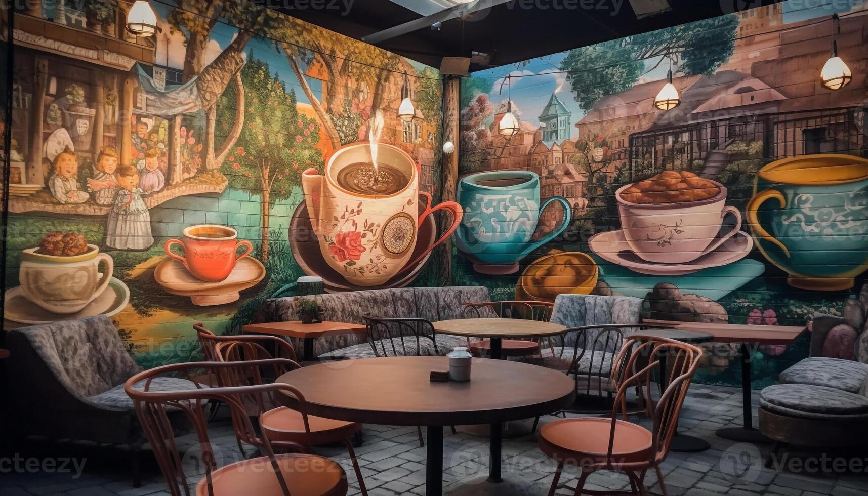 Modern coffee shop design with comfortable chairs and wooden flooring generated by AI photo