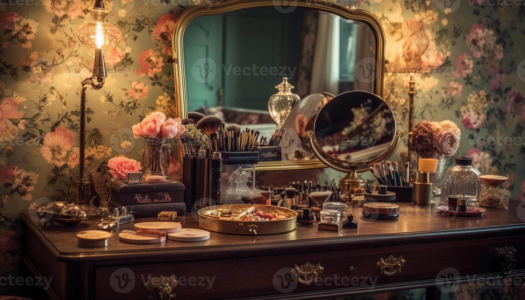 Antique elegance A still life of old fashioned beauty products on ornate dresser generated by AI photo