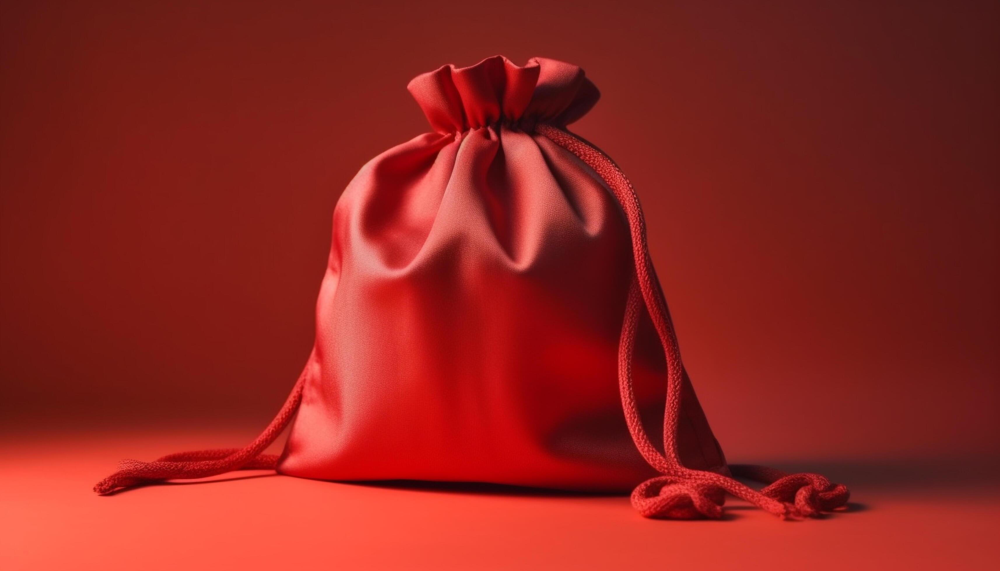 Red satin bag tied with rope, symbol of luxury gift generated by AI