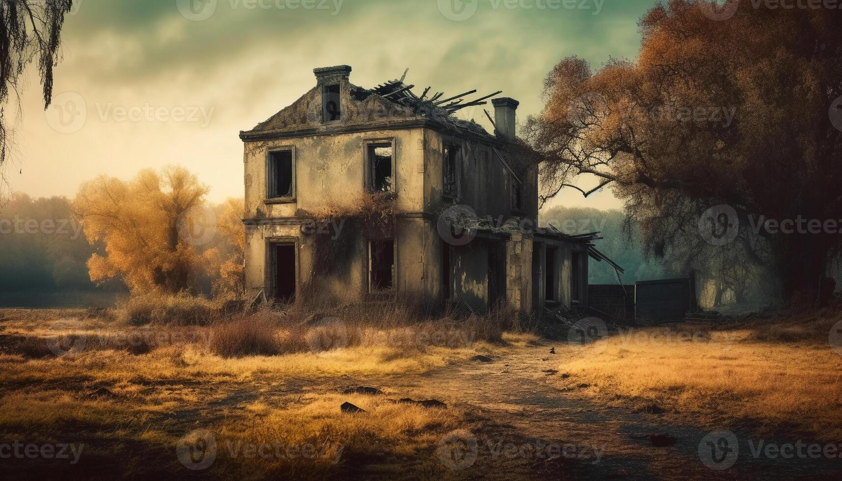 Spooky old ruin, abandoned and run down, a horror mystery generated by AI photo