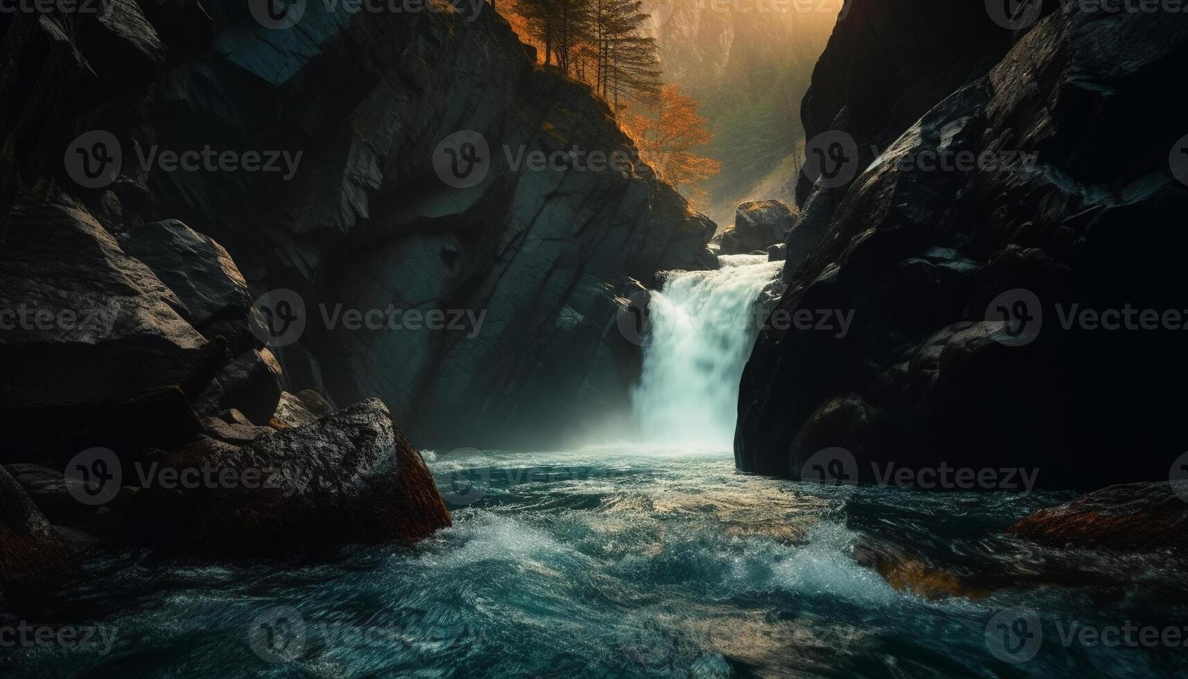 Tranquil scene of majestic mountain range with flowing water and green forest generated by AI photo