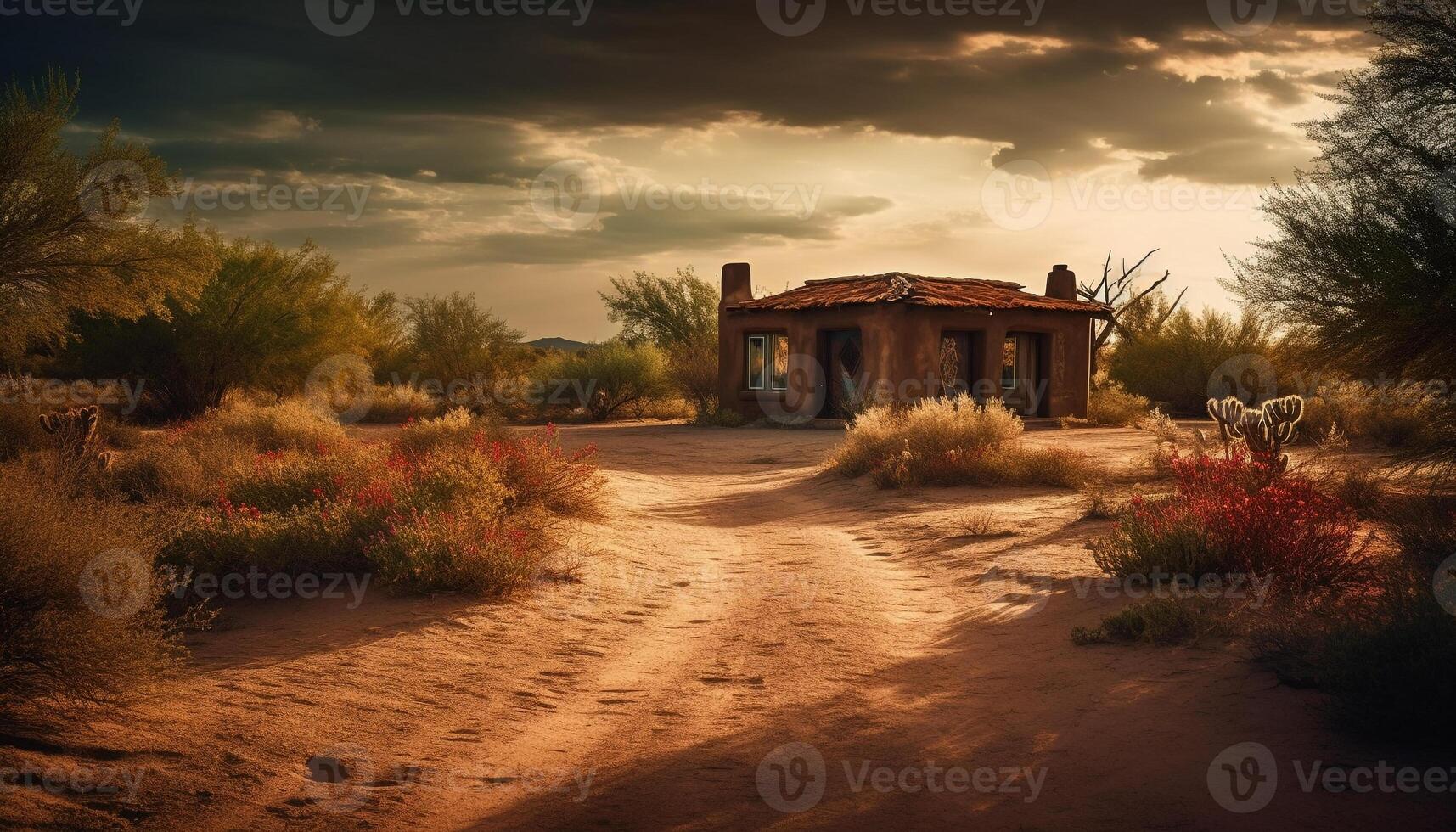 Tranquil sunset over abandoned old ruin in rustic rural landscape generated by AI photo