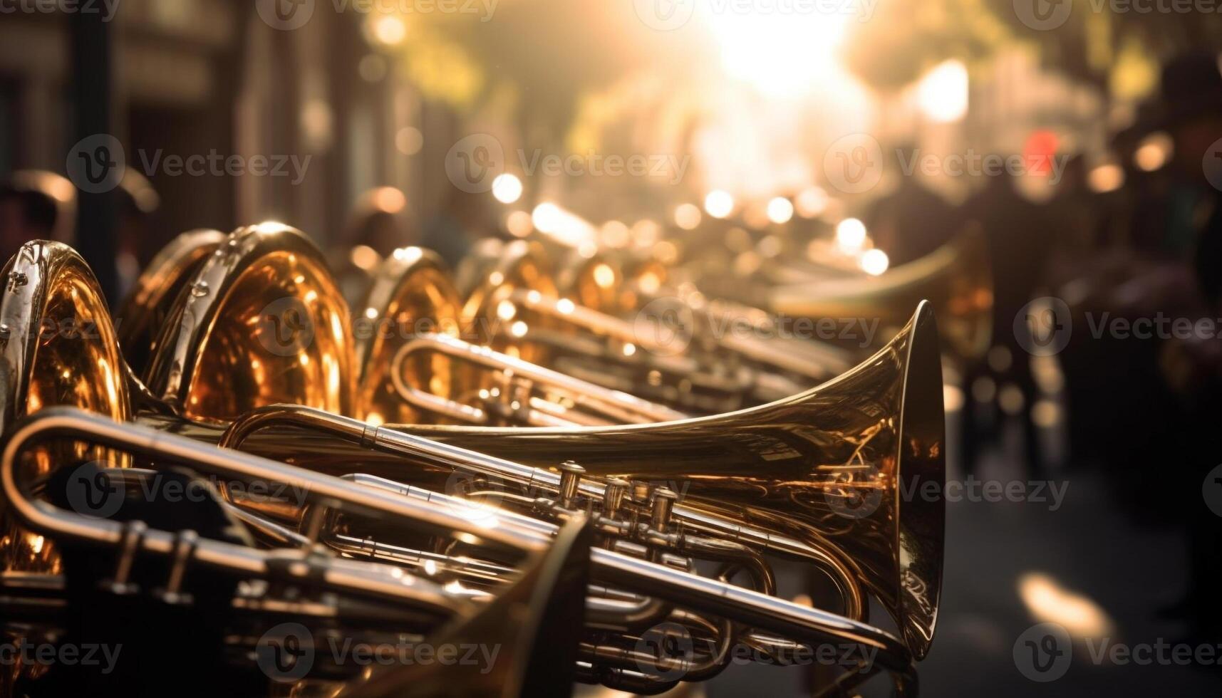 Brass musician playing shiny brass trumpet in foreground reflection