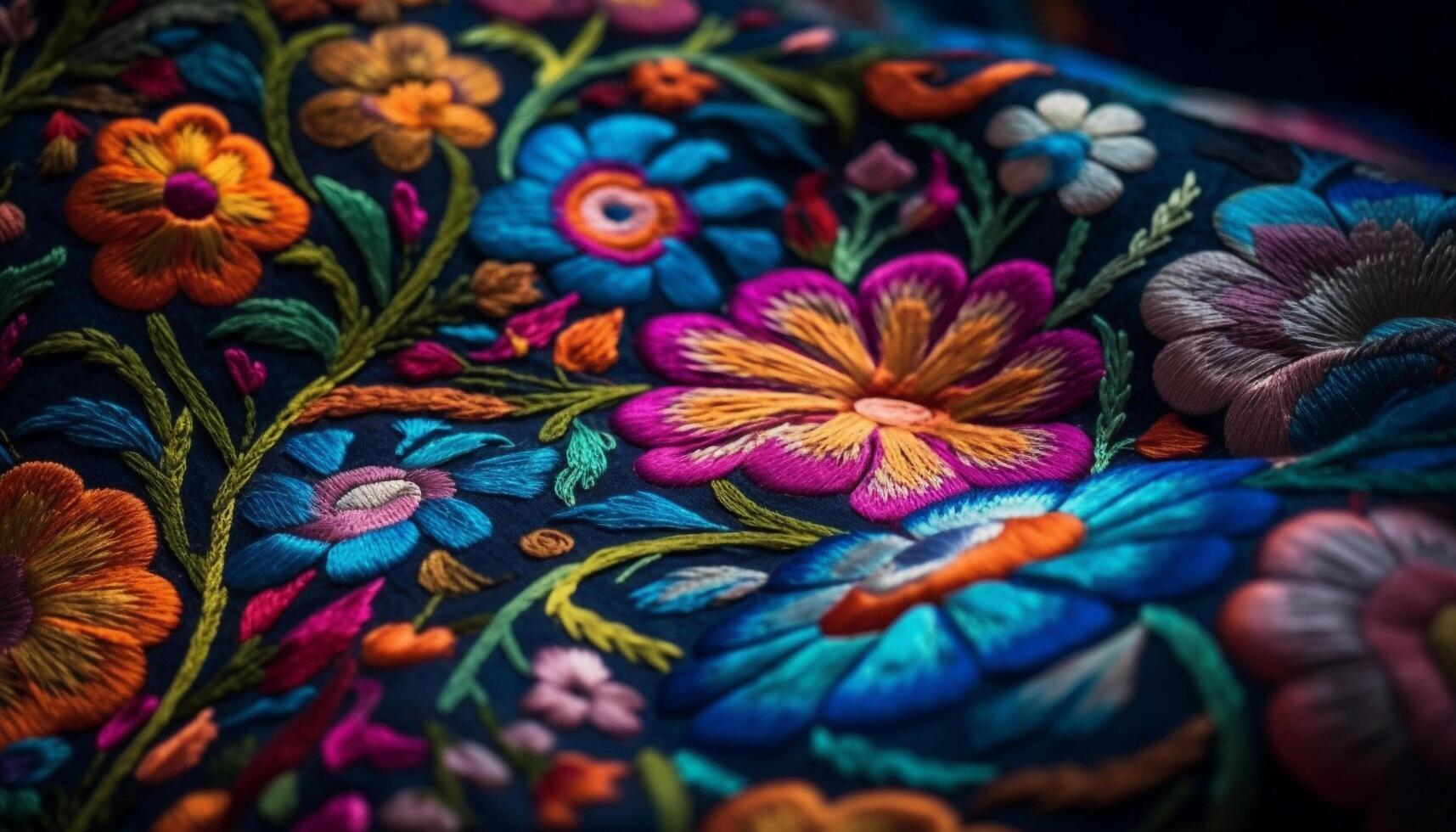 Indigenous cultures' ornate embroidery on silk tapestry exudes elegance generated by AI photo