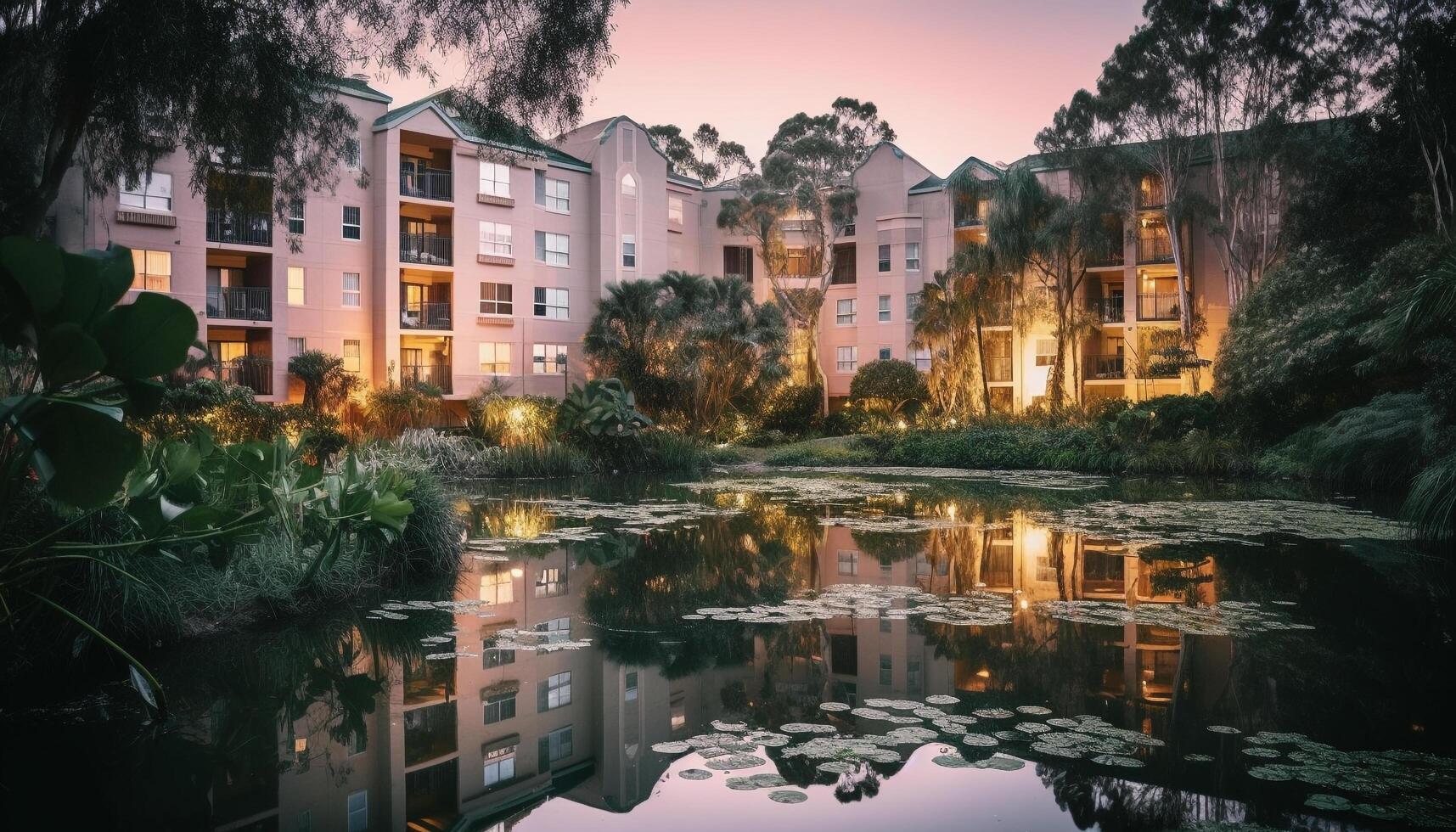 City skyline reflects in tranquil waterfront pool at dusk generated by AI photo