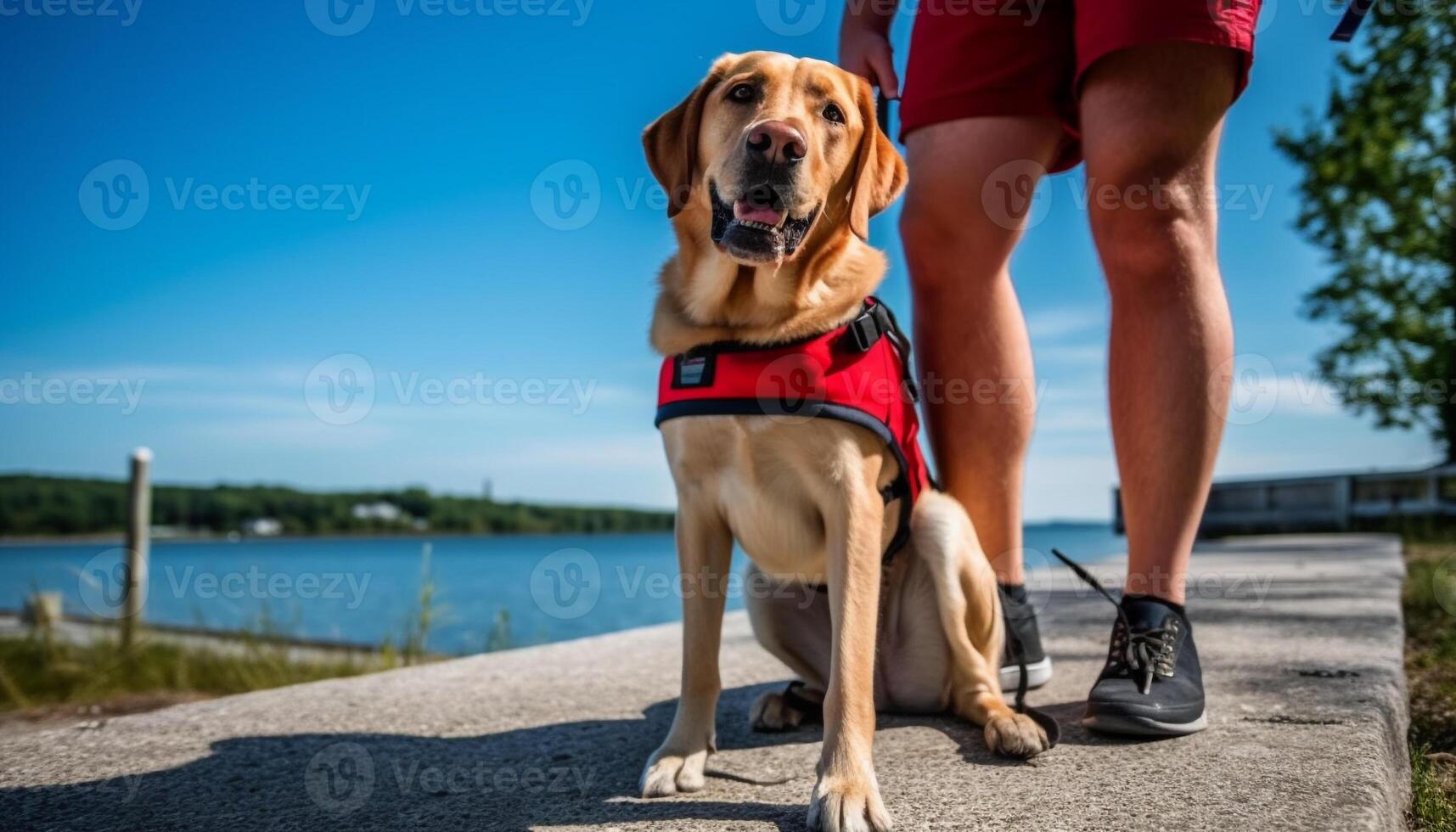 Golden retriever and owner enjoy outdoor summer fun by water generated by AI photo