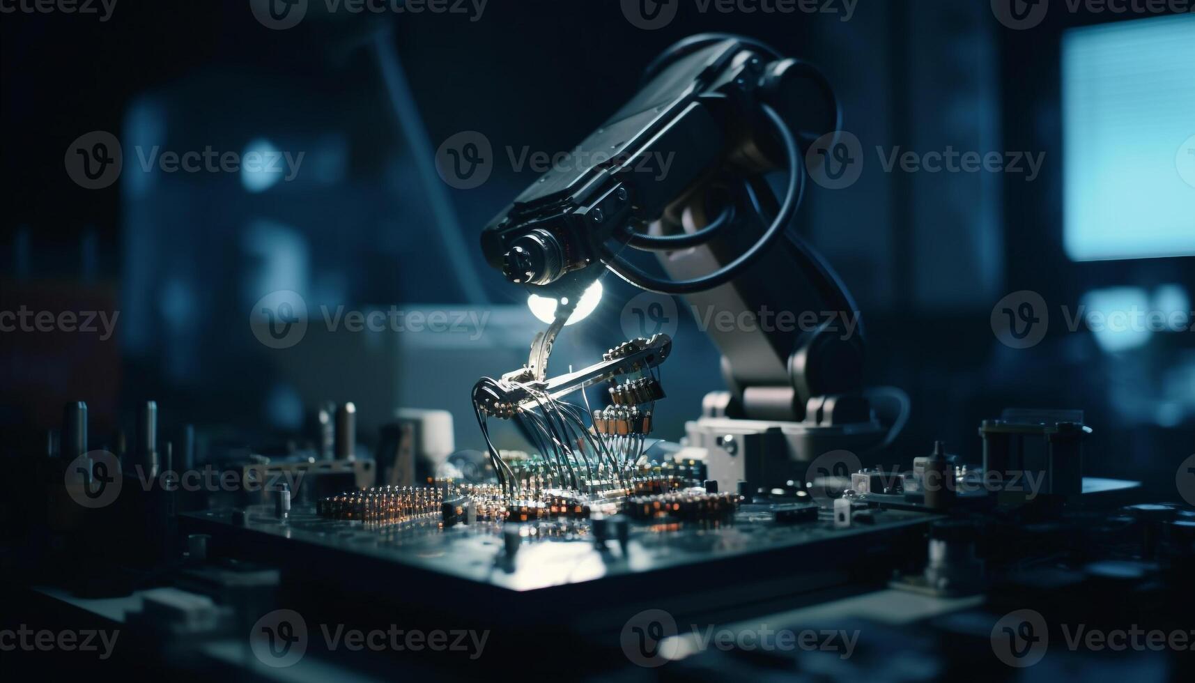 Robotic arm soldering electrical components on complex circuit board indoors generated by AI photo