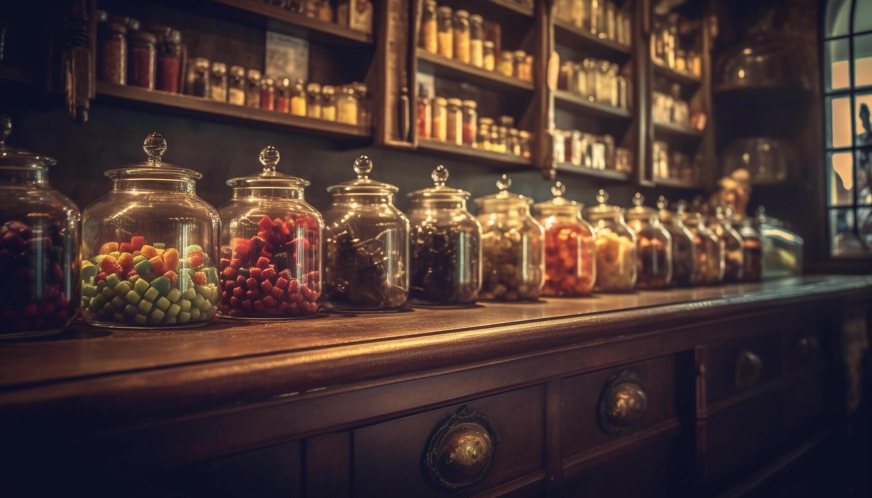 Abundance of old fashioned medicine jars on wooden shelves in cellar generated by AI photo