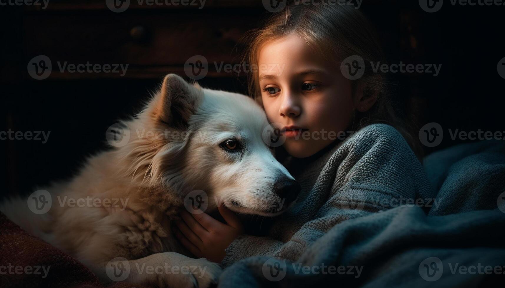 Cute puppy and smiling child embrace in purebred retriever portrait generated by AI photo