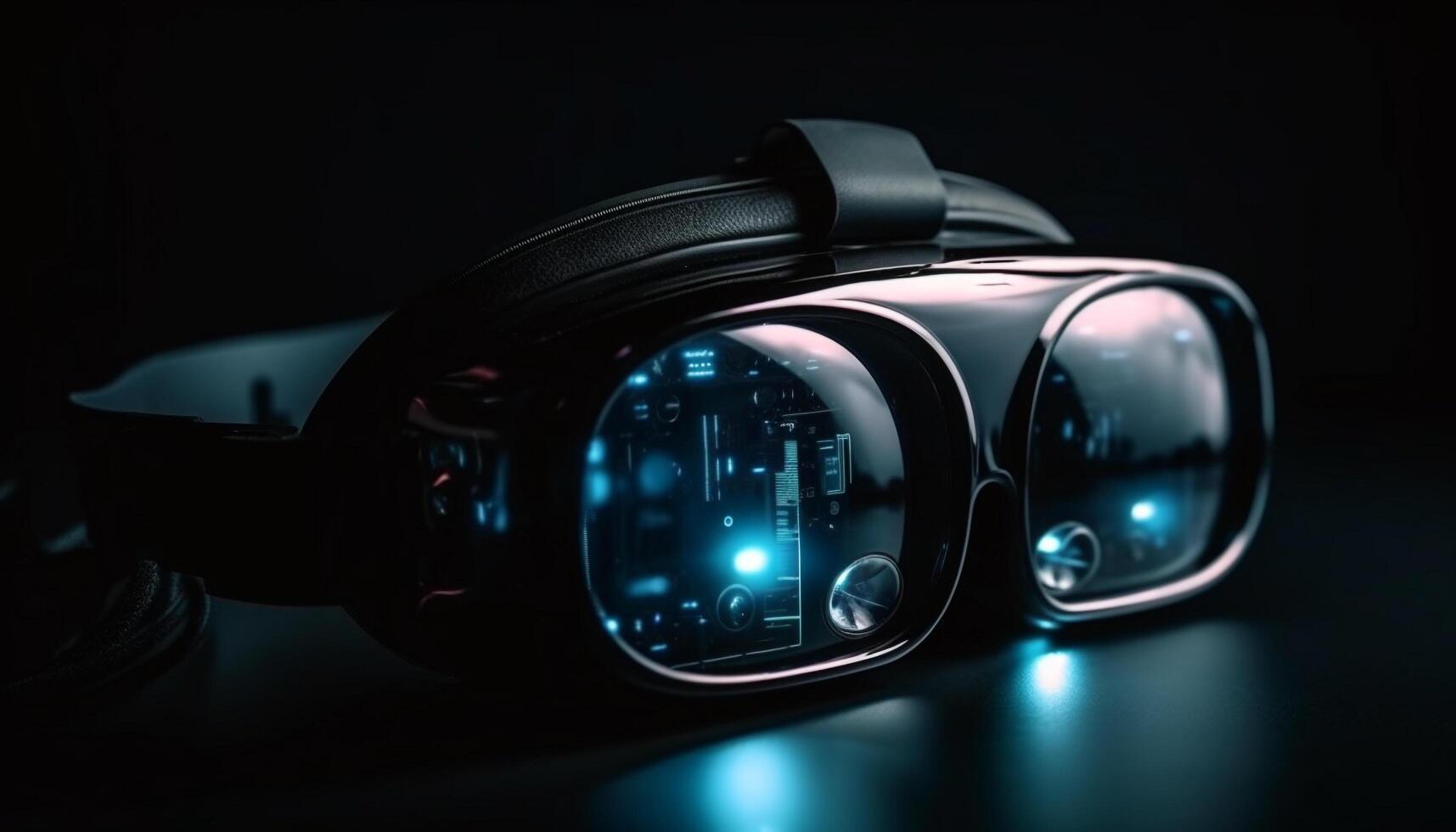 Futuristic headset with optical lens for virtual reality simulation generated by AI photo