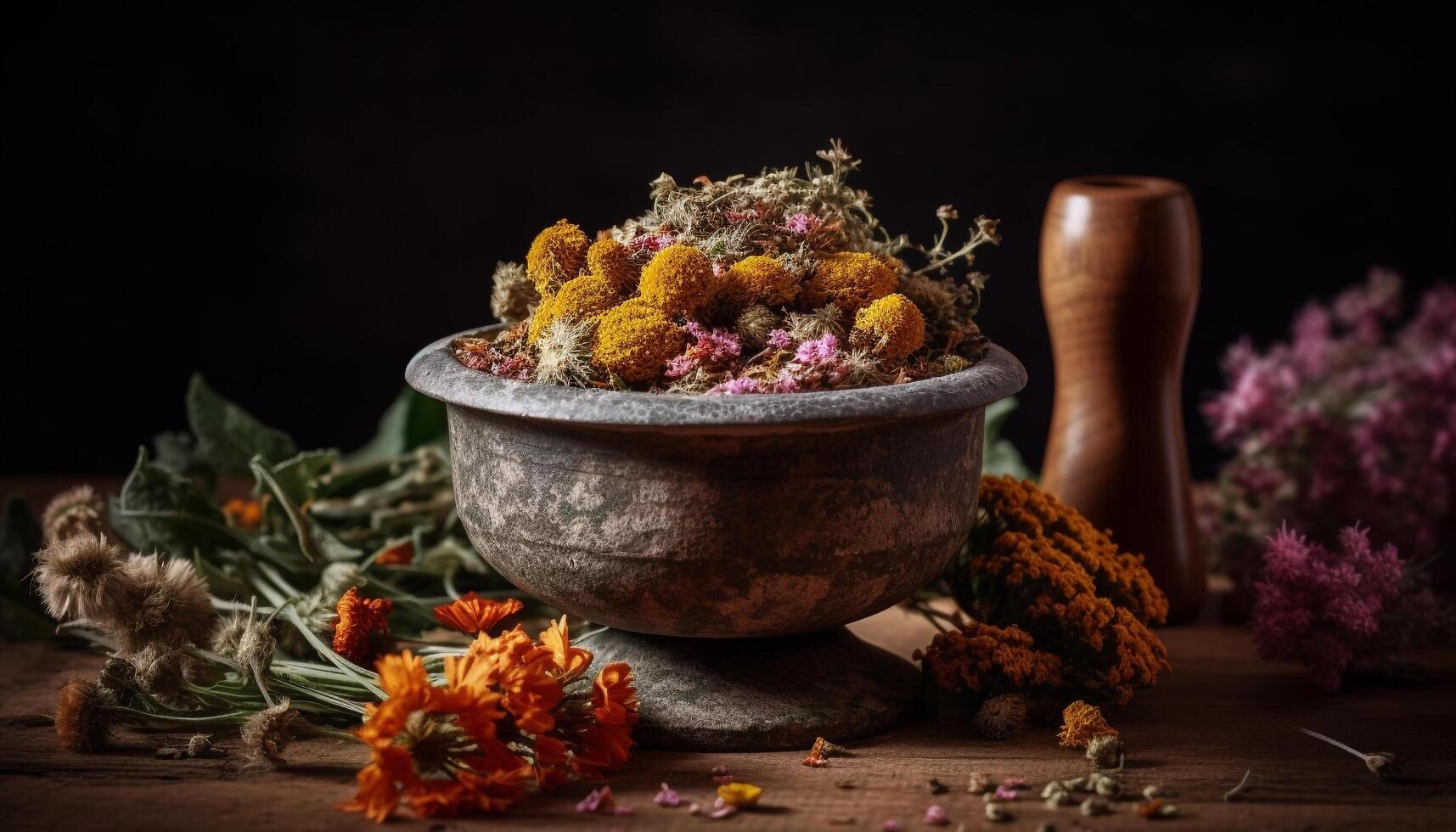Rustic vase holds scented dried plant for alternative aromatherapy medicine generated by AI photo