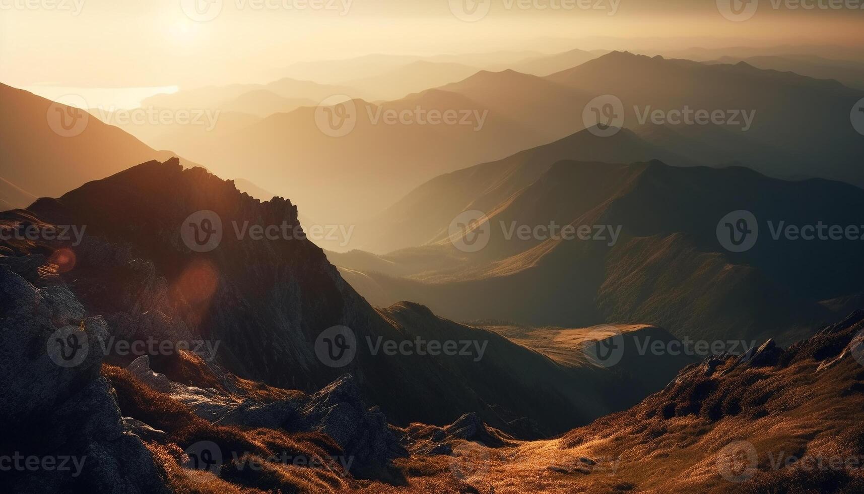 Adventure seekers hike majestic mountain range for breathtaking sunrise view generated by AI photo