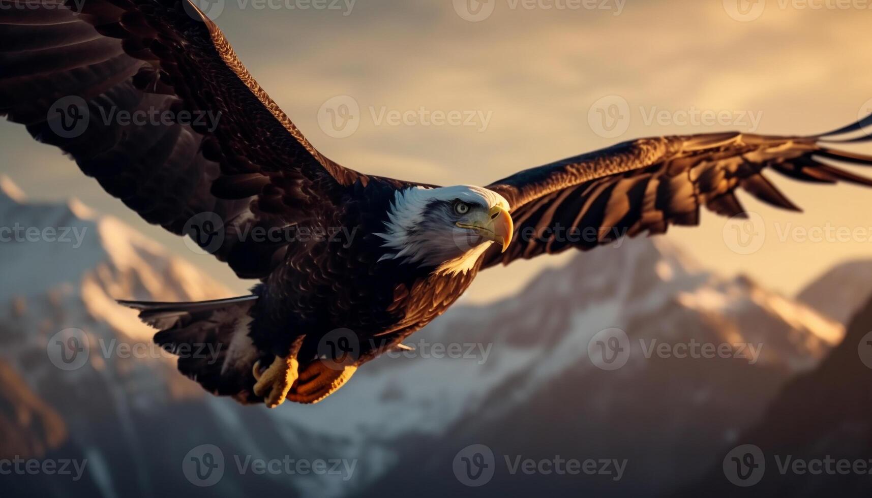 majestuoso calvo águila volador medio aire, extensión alas en tranquilo escena generado por ai foto