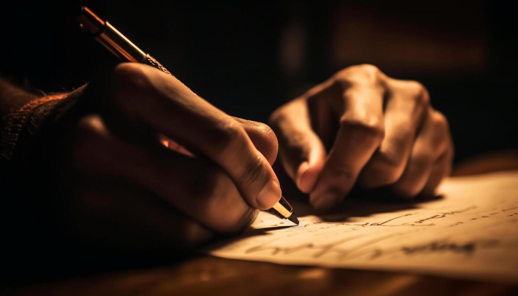 Hand holding pen, close up of handwriting on paper, office work generated by AI photo