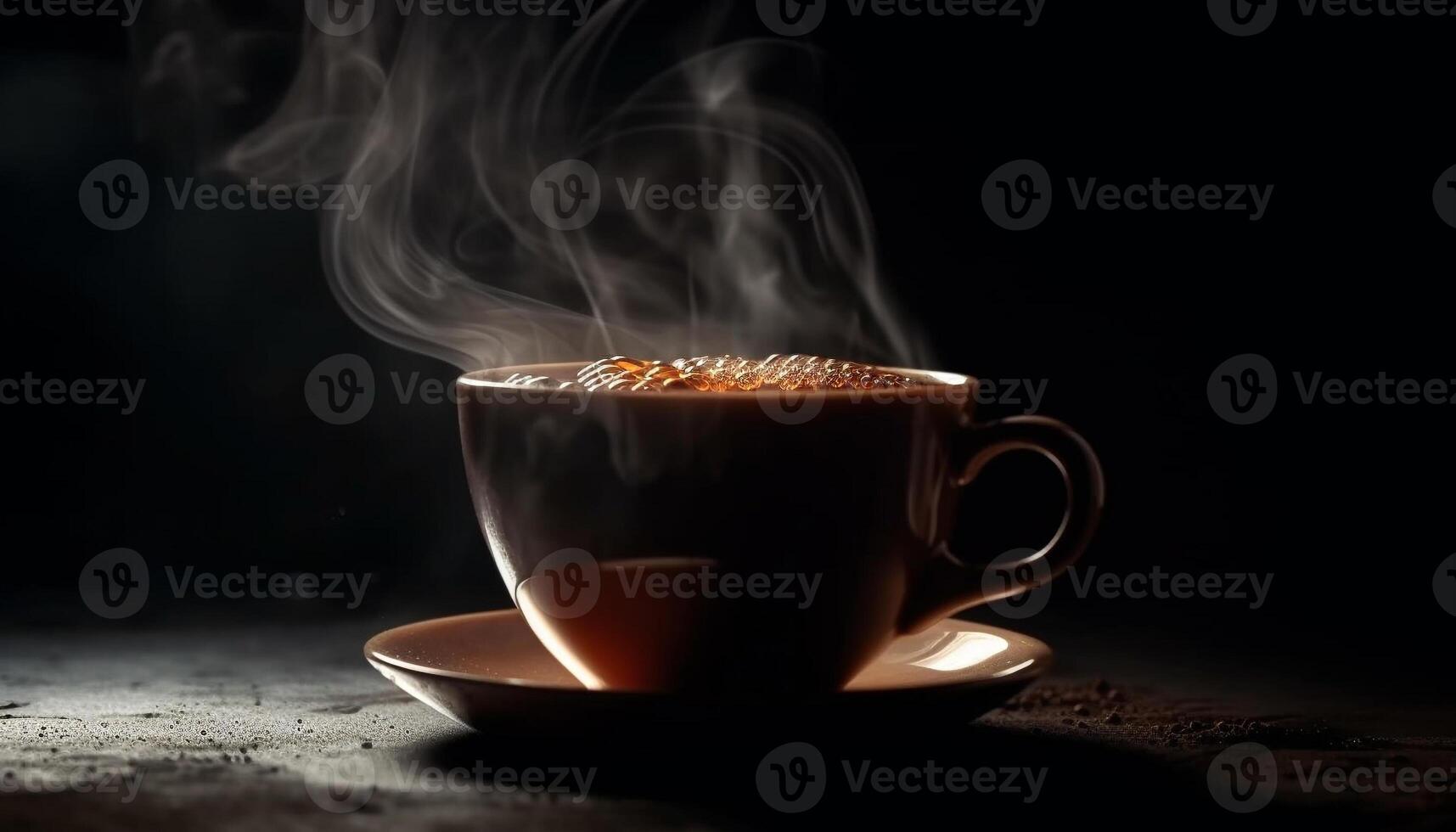 Dark coffee cup on wood table emits steam, scented freshness generated by AI photo