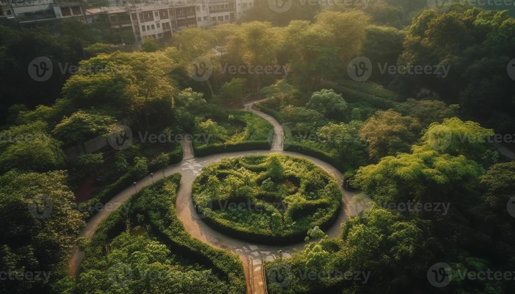 Idyllic sunset meadow, with green foliage and man made bridge generated by AI photo