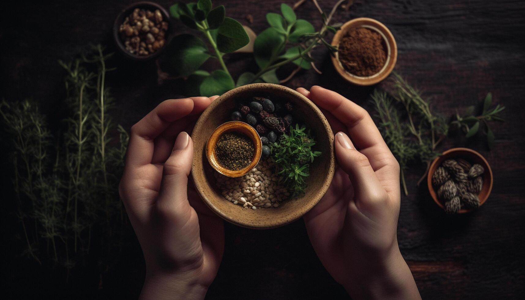 Hand holding fresh organic herb, seasoning vegetarian meal on wood table generated by AI photo