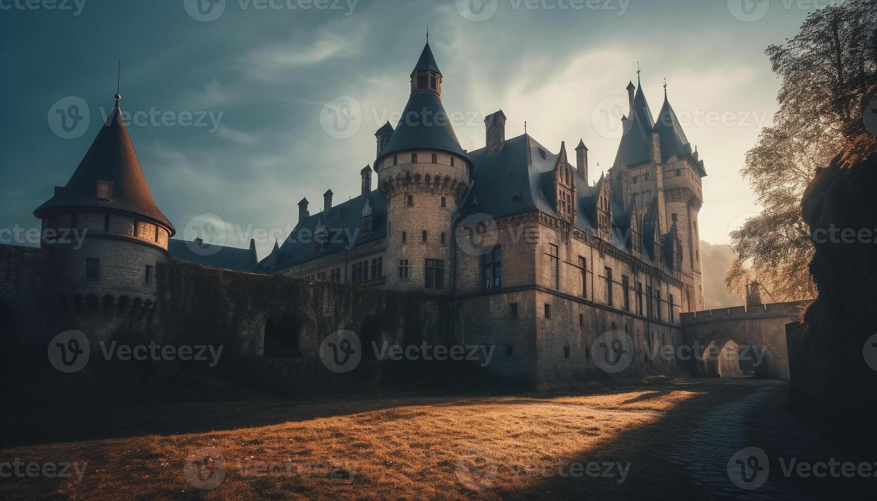 Medieval Gothic monument illuminated at dusk with dramatic sky generated by AI photo