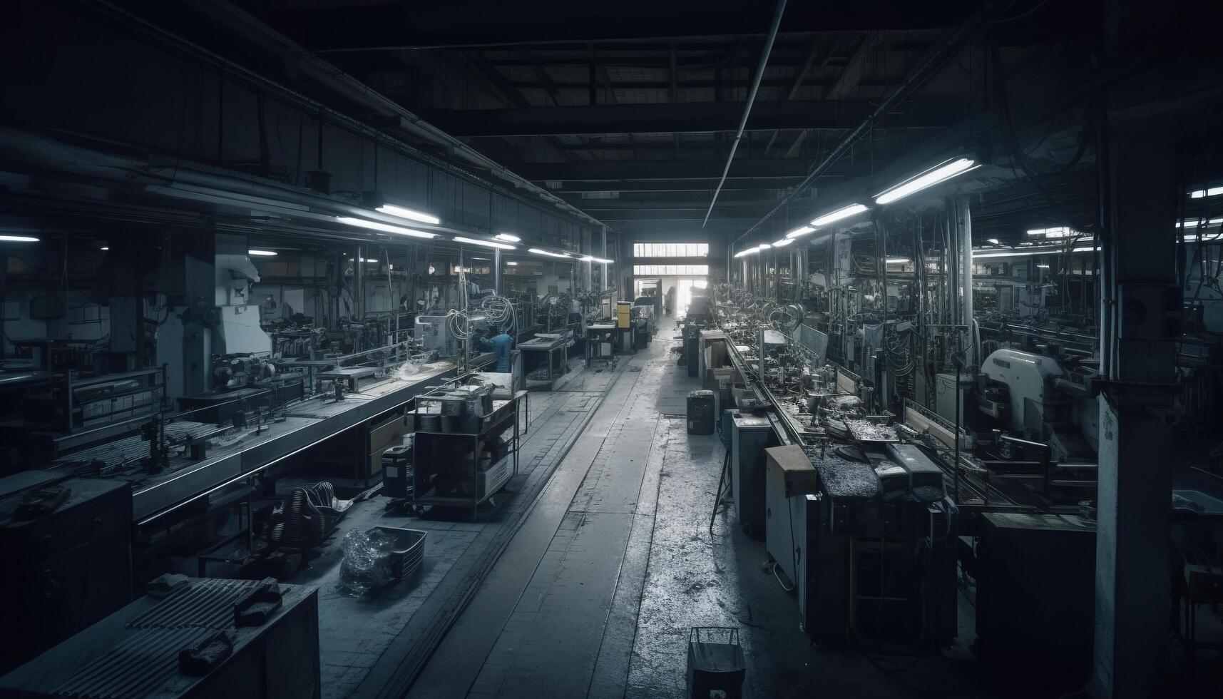 Dark metal industry workshop with heavy machinery and production line generated by AI photo