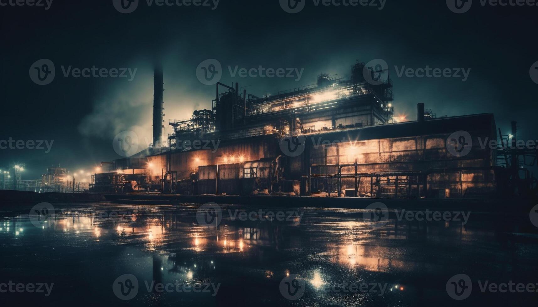 industrial anochecer contaminación, fumar, y acero iluminar el ambiente generado por ai foto