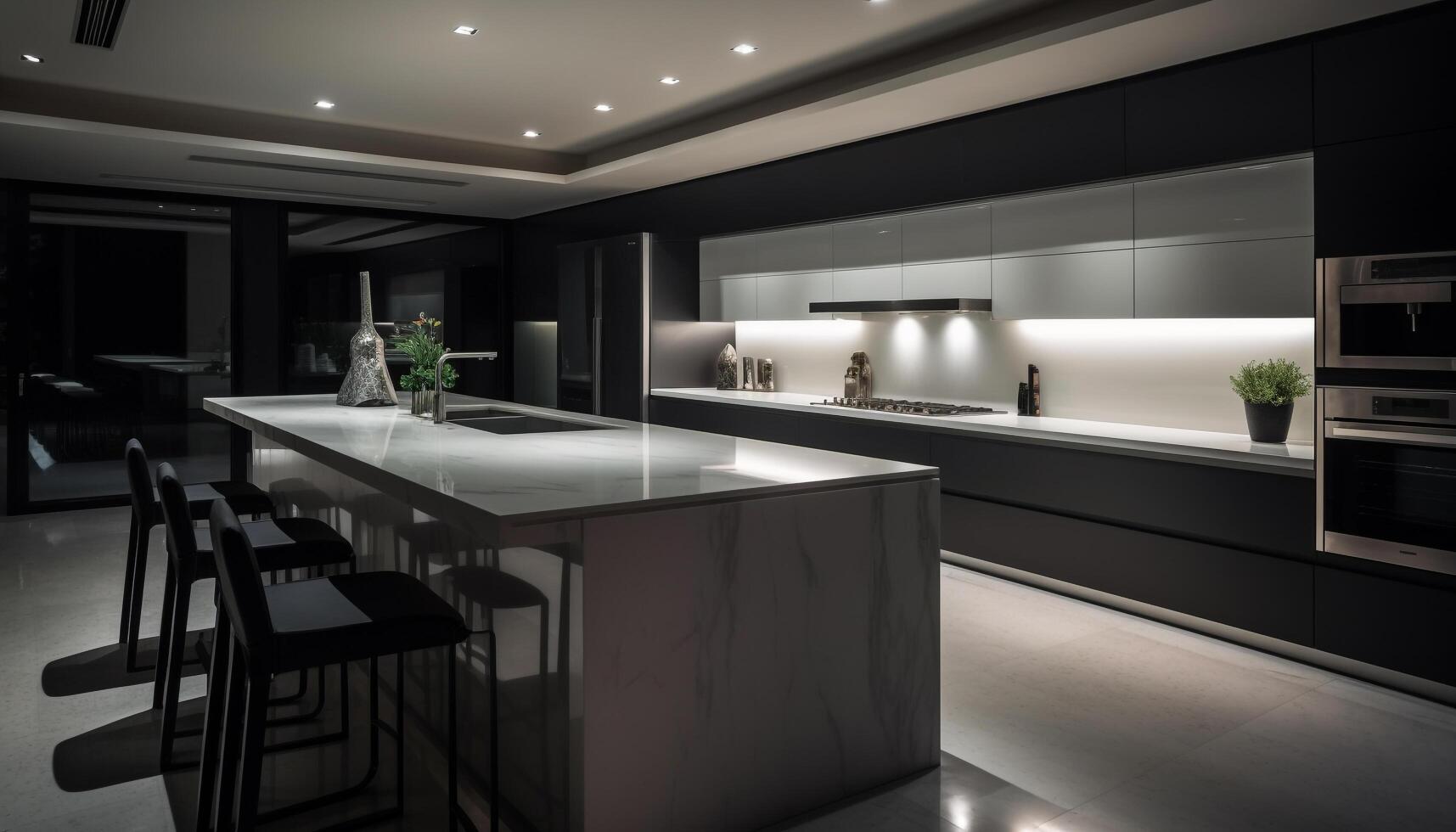 Modern kitchen design with luxury appliances, elegant marble island, and bright lighting generated by AI photo