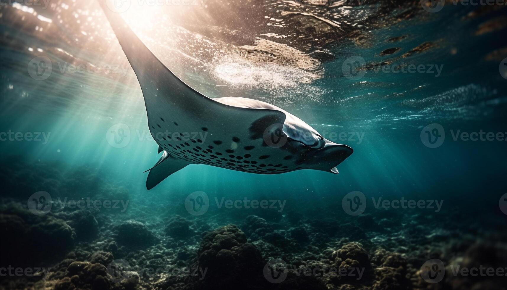 One majestic sea turtle swimming at the bottom of the reef generated by AI photo