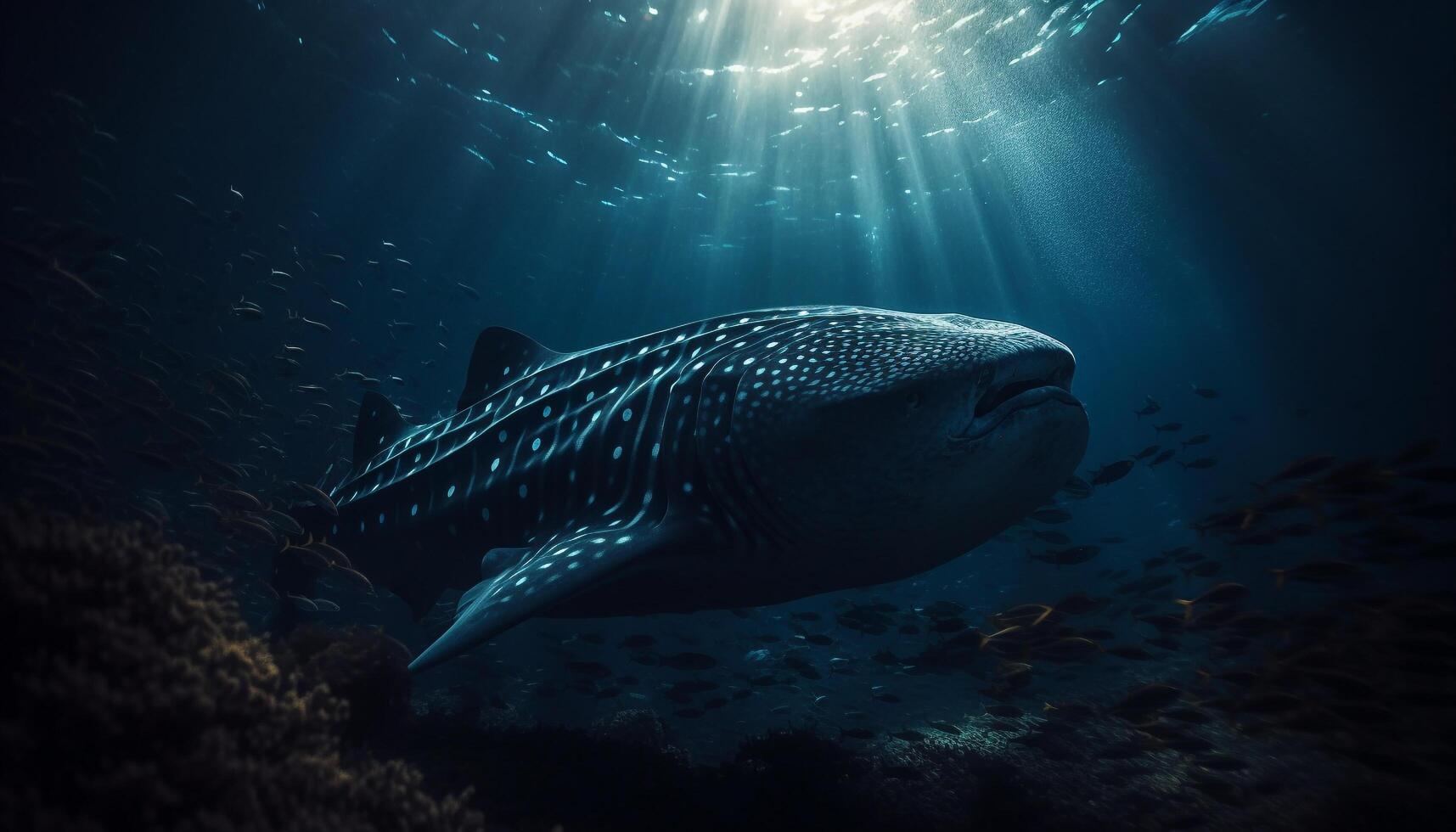Deep blue sea life adventure swimming with endangered whale shark generated by AI photo