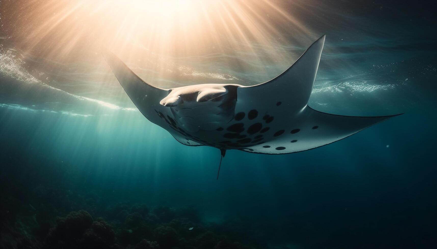 Majestic manta ray swimming below blue seascape in tropical climate generated by AI photo