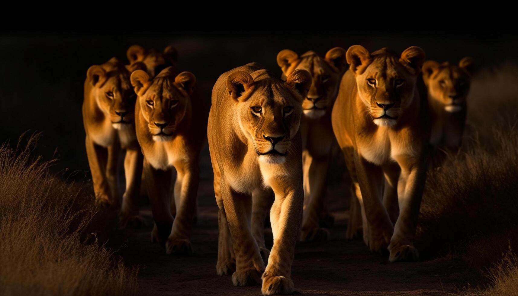 majestuoso masculino y hembra leones caminando en un fila a oscuridad generado por ai foto