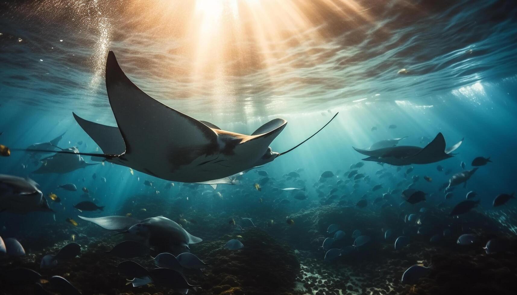 profundo abajo, majestuoso manta rayo nada en natural belleza generado por ai foto