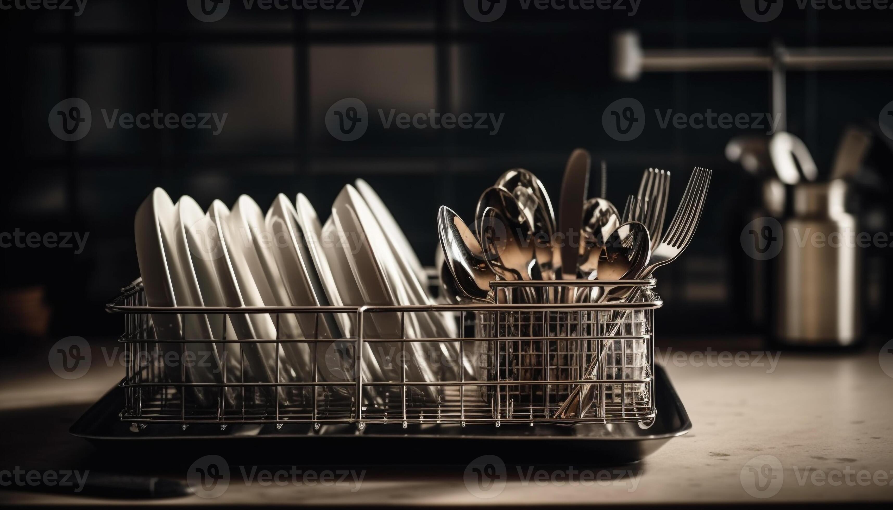 Stack of clean crockery and silverware in modern kitchen dishwasher generated by AI 25496439
