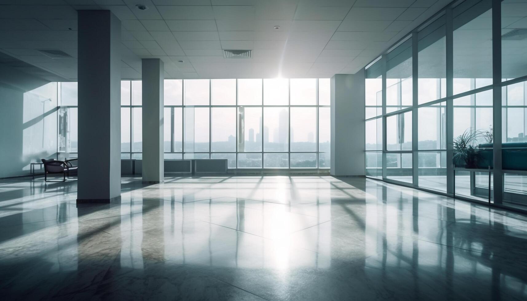 Futuristic office design with clean glass walls and metal columns generated by AI photo