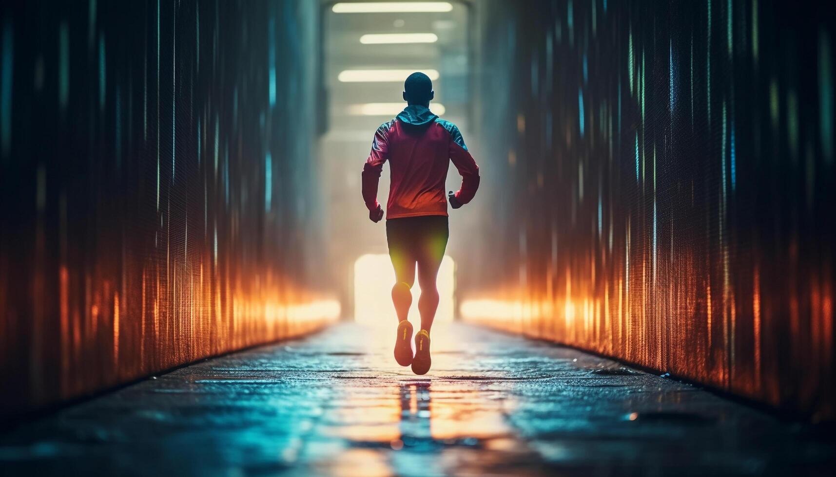 Silhouette of athletic man sprinting on footpath in futuristic city generated by AI photo