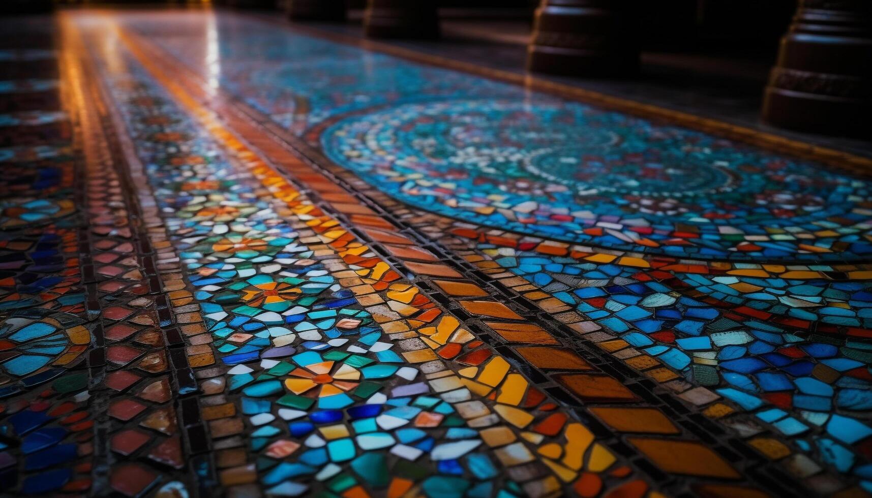 Multi colored mosaic tile flooring in ancient ornate built structure generated by AI photo