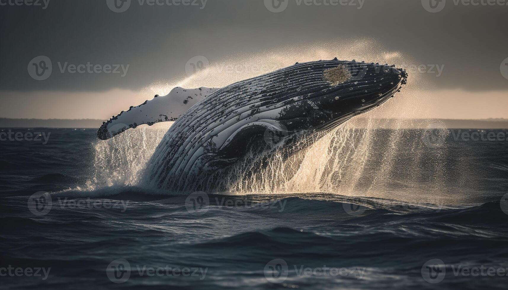 majestuoso jorobado ballena infracciones, salpicaduras en azul mar agua generado por ai foto