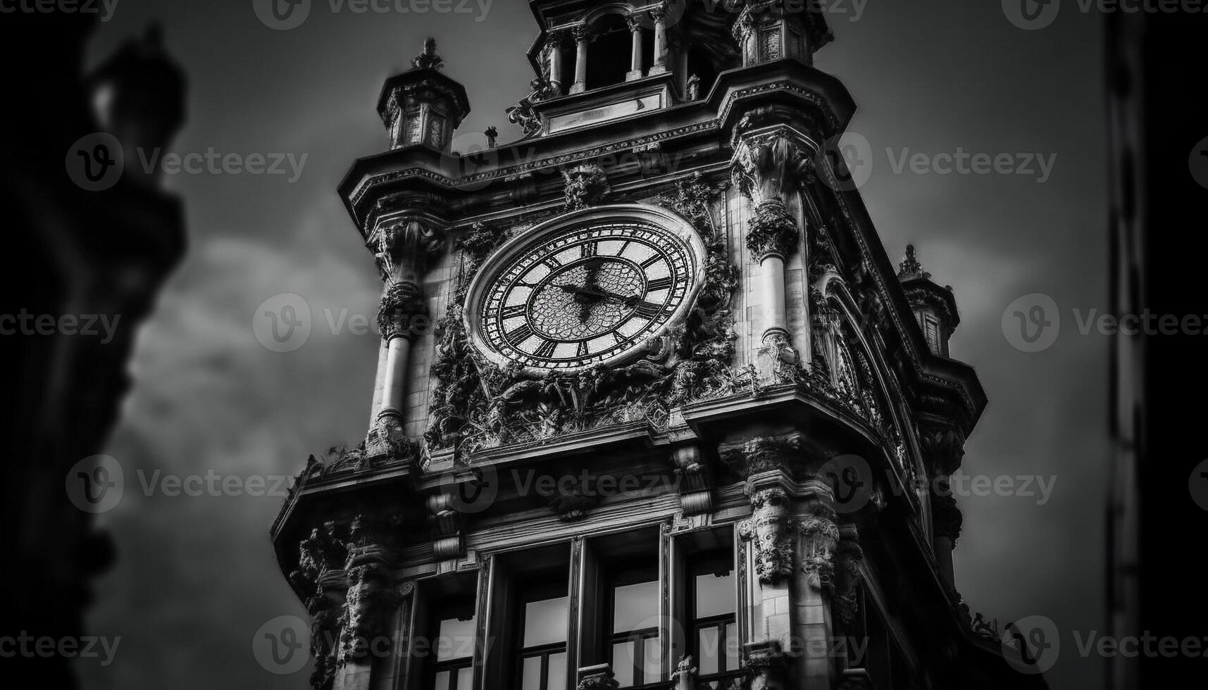 Iconic clock tower illuminates historic city skyline in monochrome dusk generated by AI photo