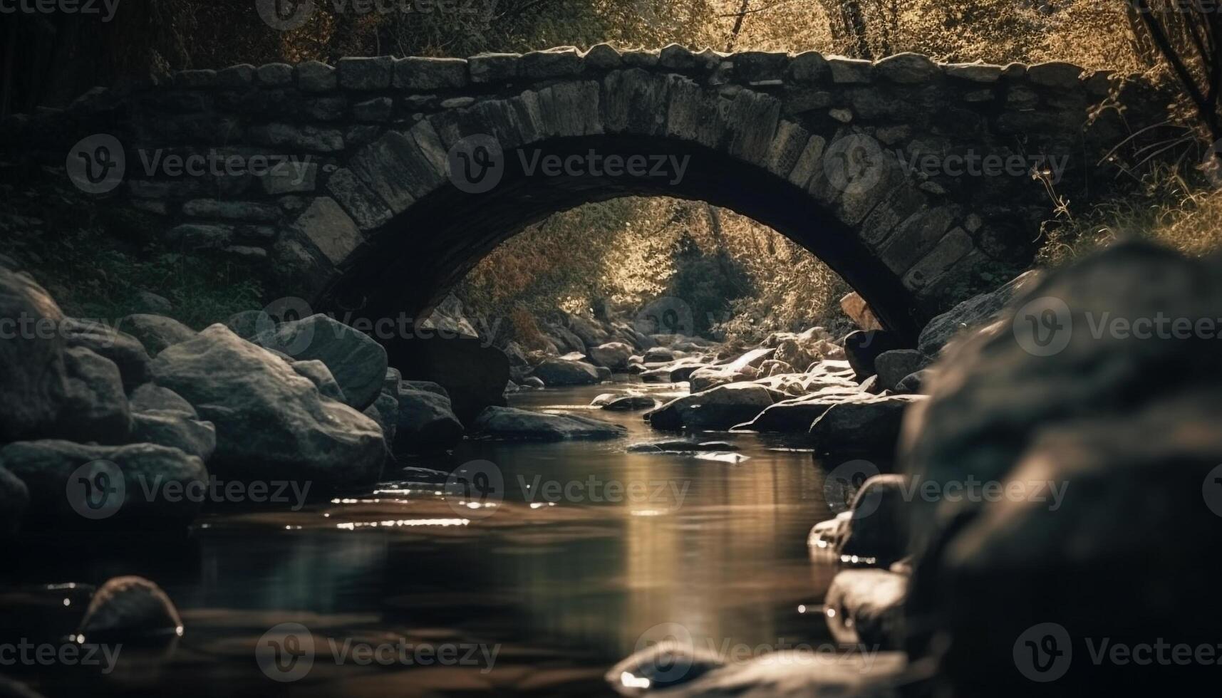 Stone arch bridge over tranquil water in autumn forest landscape generated by AI photo