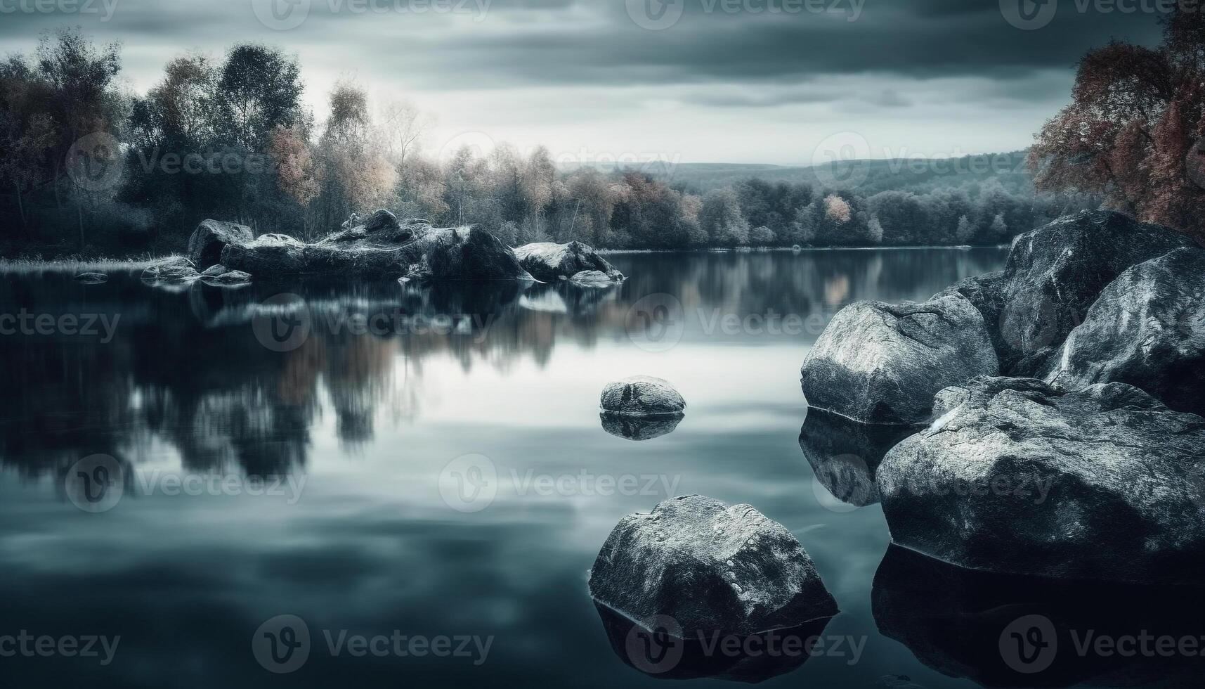 Tranquil scene of reflection on the wet autumn forest floor generated by AI photo