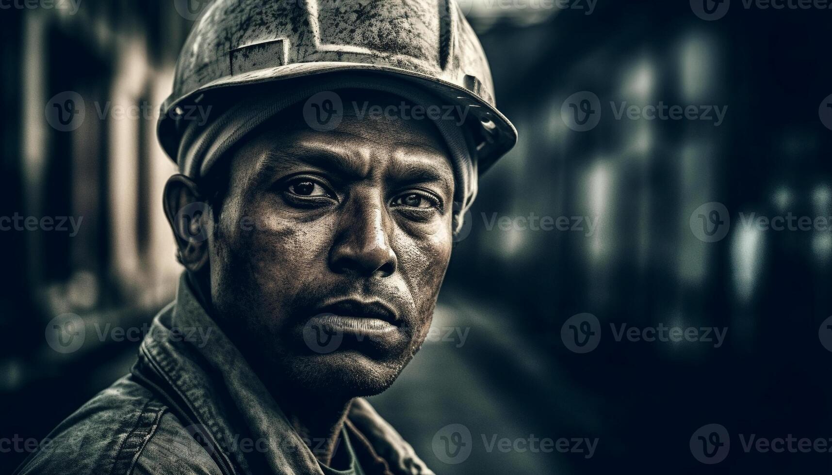 Serious Caucasian man in military helmet with focused expression outdoors generated by AI photo