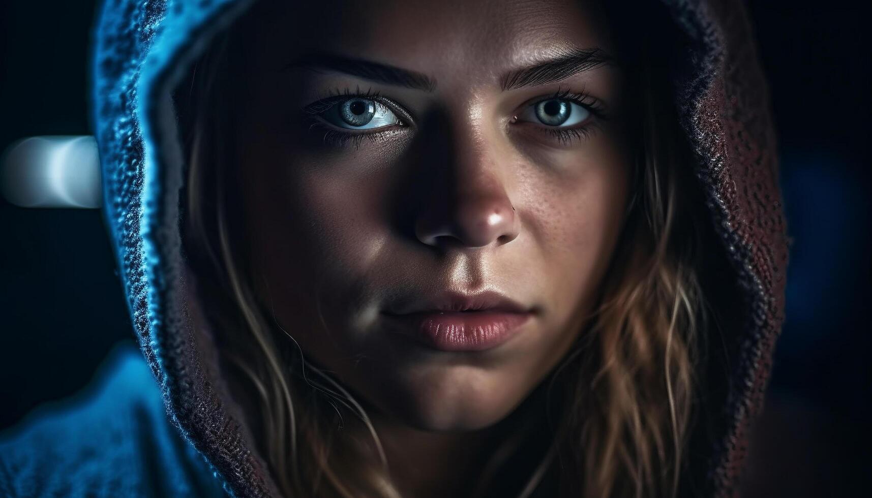 Beautiful young woman exudes confidence in hooded shirt, looking serious generated by AI photo