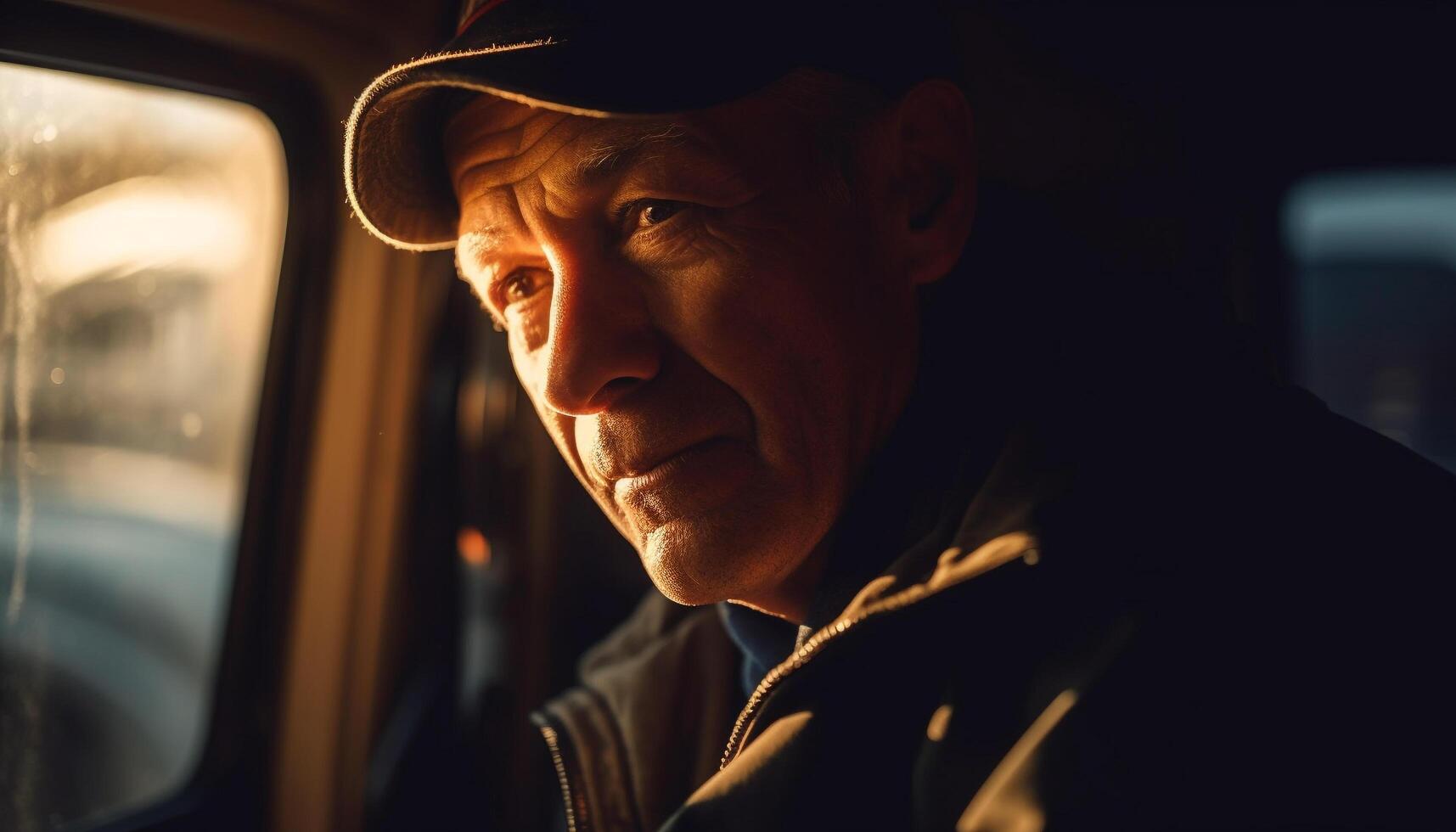 One man driving car, looking out window, on road trip generated by AI photo
