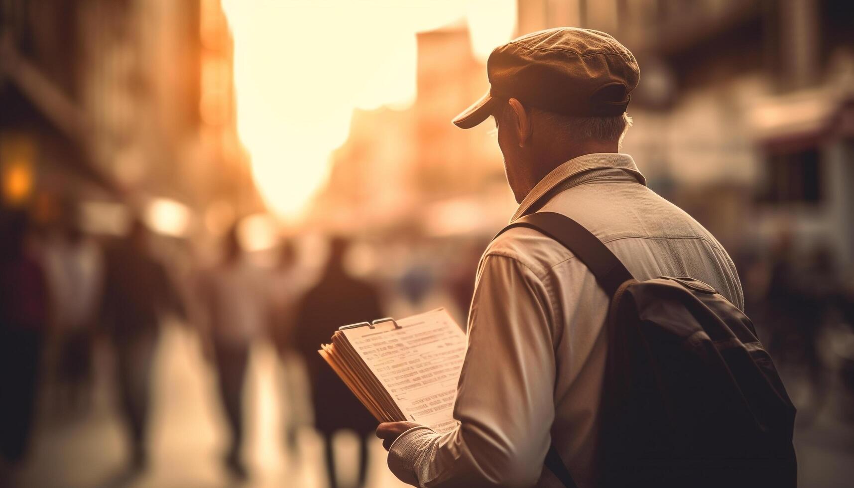 Young adult male tourist reading book, standing outdoors at sunset generated by AI photo