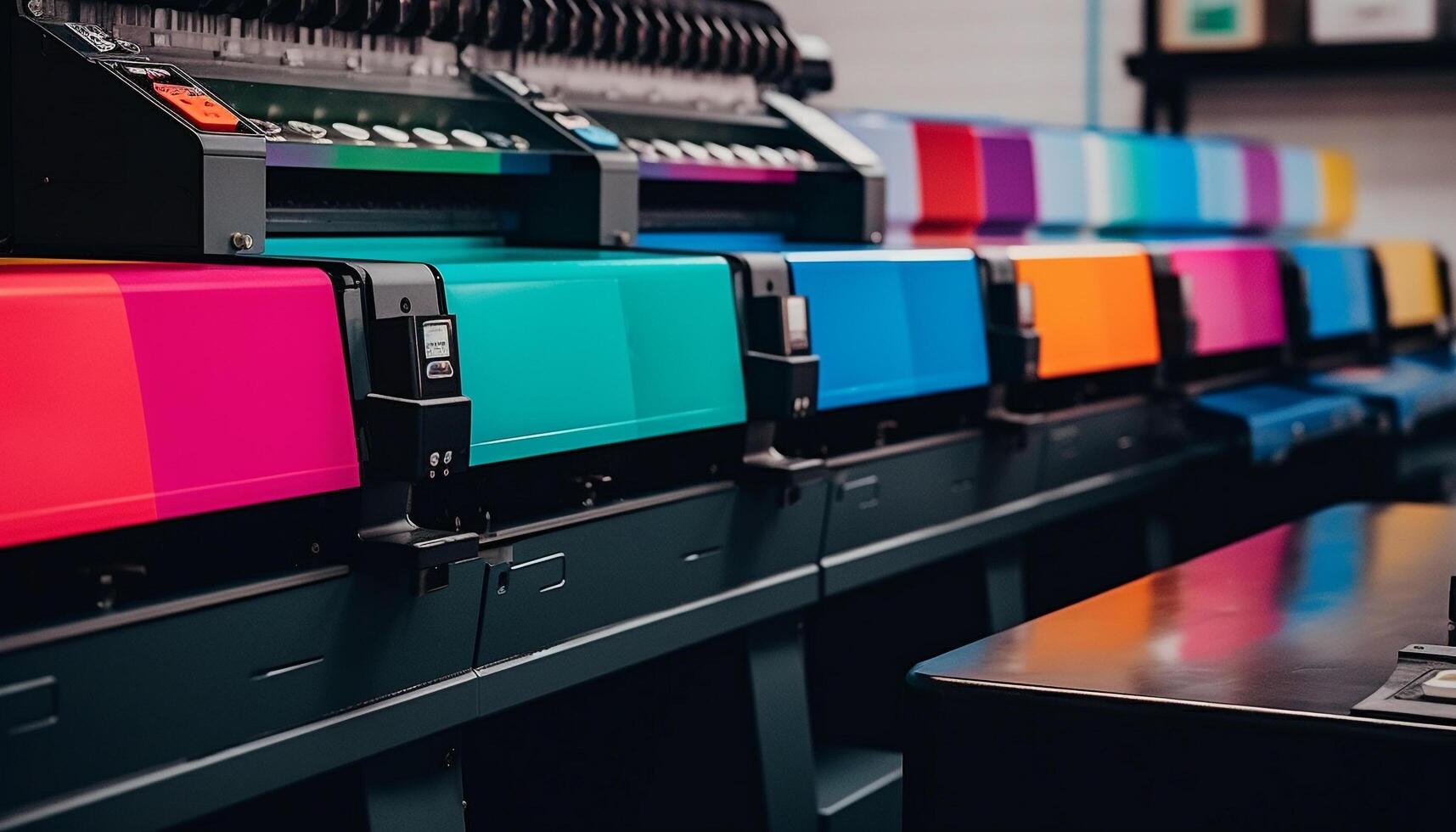 Modern office equipment in a row on desk at retail store generated by AI photo