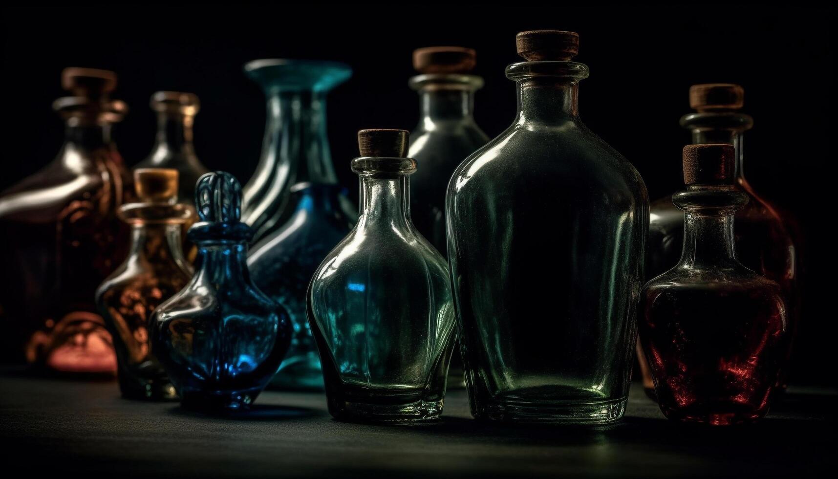 Antique whiskey bottle and wine glass on wooden table, reflection generated by AI photo